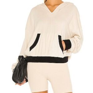 L’Academie Hoodie Soft Knit Pullover Sweater Beige Black Trim Small